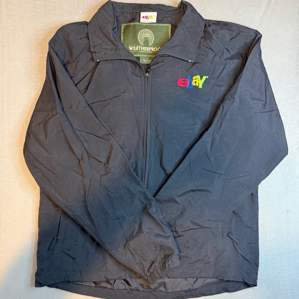 Weatherproof eBay Embroidered Logo Windbreaker Jacket Black Mens Small Tech Swag